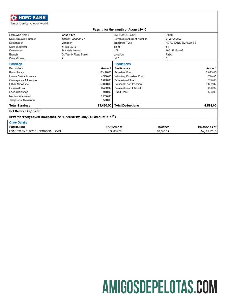 Imprimível Modelo de recibo de pagamento bancário HDFC da ÍNDIA em formatos Word e PDF